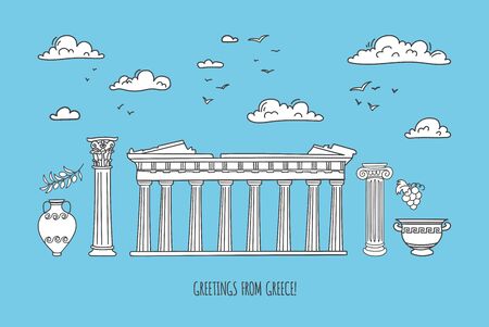 Vector illustration Greetings from Greece. Modern travel card design. Famous Greek landmarks in a row with clouds. Tourist card, poster, print design.のイラスト素材