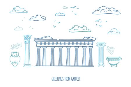 Vector card Greetings from Greece. Doodle travel card design. Famous Greek landmarks in a row with clouds. Blue outline and white background. Tourist poster, print design.のイラスト素材
