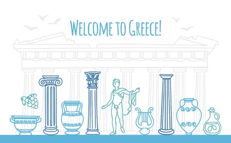 Welcome to Greece. Vector illustration of famous Greek symbols. Antique columns, ancient vases in trendy doodle style. Travel to Greece web banner and landing page design.のイラスト素材