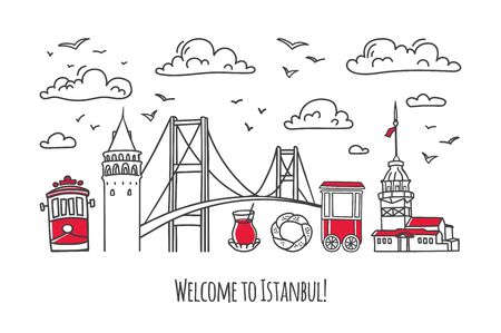 Vector modern illustration Istanbul. Galata and Maiden Tower, bridge and other famous Turkish symbols and landmarks. Travel to Turkey card design.のイラスト素材