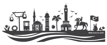 Vector illustration Izmir landmarks. Famous Turkish symbols. Travel to Turkey concept. Black city silhouette. Horizontal banner design with doodle elements.のイラスト素材