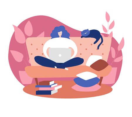 Vector illustration Work at home. Woman siting on the sofa and working online on the laptop. Stay at home concept. Self-isolation and Coronavirus quarantine lifestyle.のイラスト素材