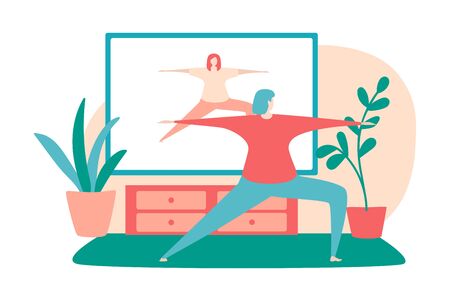 Vector illustration Home fitness. Young woman practicing yoga at her home. Online workout for women. Active lifestyle during self-isolation and quarantine period.のイラスト素材
