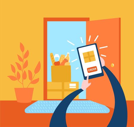 Safe delivery from a grocery store. Making order online and receiving the food boxes near apartment door. No-contact express delivery service. Self isolation and quarantine lifestyle.のイラスト素材