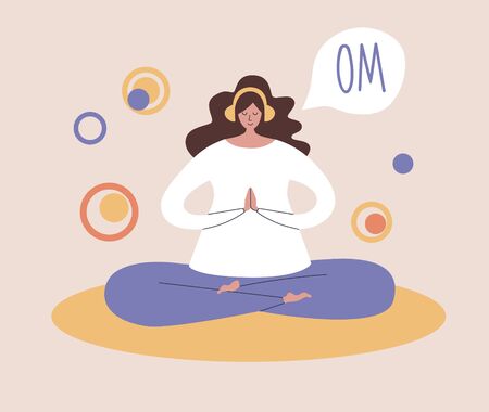 Woman meditating in the Lotus position and saying Om. Young woman with the headphones listening to the guided meditation. Modern flat illustration on yoga and meditation topic.のイラスト素材