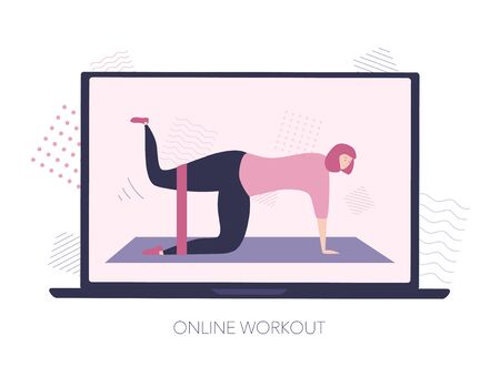 Online workout on the laptop screen. Woman makes glutes exercise with the resistance band. Video lesson on the Internet. Working out at home using computer. Modern flat illustration on home sports.のイラスト素材