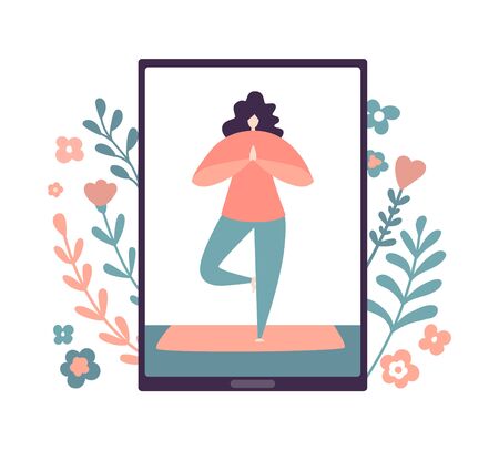 Vector illustration Online yoga. Woman practicing yoga on the tablet screen and doodle flowers around. Video workout for women. Active lifestyle during self-isolation and quarantine period.のイラスト素材