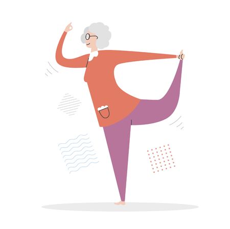 Flat vector illustration Senior Yoga. Lovely elderly woman in the Lord of Dance position. Active lifestyle for retired people. Meditation and yoga practise for mature adults.のイラスト素材