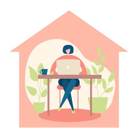 Woman working on her laptop from home. Stay home conception. Young woman sitting at the desk and working online. Comfortable workspace in the house silhouette. Vector flat illustration.のイラスト素材