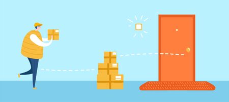 Drop off delivery service. Vector illustration on courier service during self-isolation and quarantine period. Delivery man leaves the boxes on the safe distance to the door. Social distancing concept.のイラスト素材