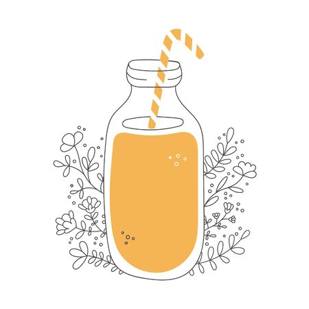 Fruity smoothie with decorative flowers. Glass bottle with a straw and tasty drink. Jar with orange beverage and floral ornament. Vector illustration on food and drink in flat style.のイラスト素材