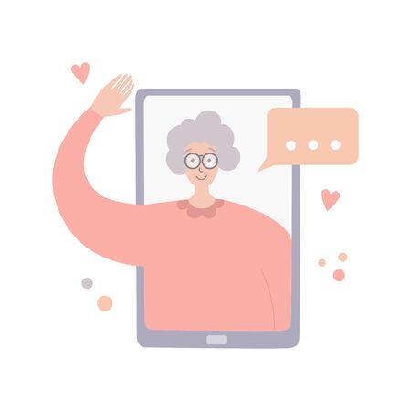 Video call with parents. Online communication during quarantine. Senior woman on phone screen. Talking on Internet with old mother. Social distancing lifestyle. Chatting during isolation period.のイラスト素材