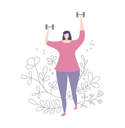 Woman working out with dumbbells. Exercising lady and floral ornament. Cute doodle flowers, plants in line style. Beautiful design of female fitness classes. Vector illustration on sports and workout.のイラスト素材
