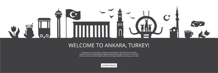 Welcome to Ankara, Turkey! Black city silhouette with famous Turkish landmarks. City skyline with landmarks of Ankara. Travel to Turkey concept design. Horizontal banner design for a web page.のイラスト素材