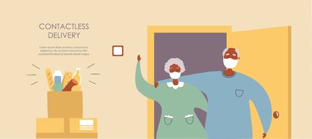 Vector illustration Grocery delivery for senior adults. Afro America couple receiving a paper bag with food near the apartment entrance. Safe delivery for elderly people. Landing page for web design.のイラスト素材