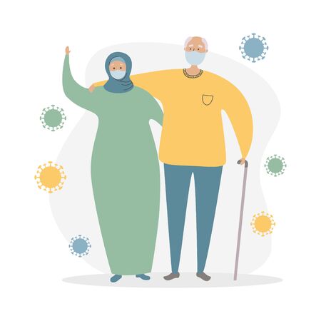 Muslim senior couple and Coronavirus cells. Elderly Islamic people and Coronavirus infection. Protect old people from Covid-19. Vector illustration on healthcare and medicine for elder generation.のイラスト素材