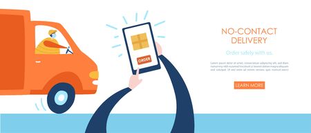 No-contact delivery. Person making order on phone. Delivery man in the track delivering order. Contactless delivery service. Safe shopping during the quarantine lifestyle. Web site banner design.のイラスト素材