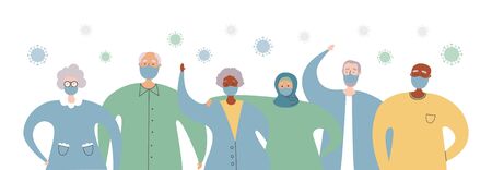 Old people of different races stand together against Coronavirus. Protect senior adults from Covid-19 infection. Elderly people in face masks and Corona virus cells around. Healthcare for oldies.のイラスト素材