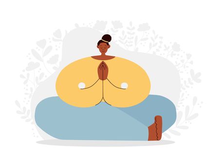 Afro American woman meditating in the Lotus position. Oversized girl doing yoga. African woman practicing meditation in Padmasana pose. Modern flat illustration on yoga. Vector cartoon character.のイラスト素材