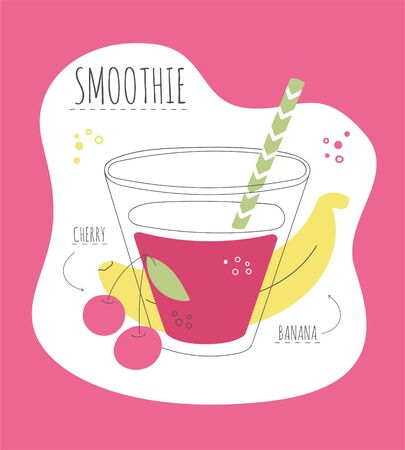 Delicious fruity smoothie. Card with a recipe of a sweet smoothie made of banana and cherry. Modern flat illustration of healthy eating. Summer drink with its ingredients.のイラスト素材