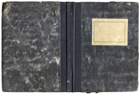 Vintage open diary or notebook cover with empty label and grungy surface - isolated on whiteの写真素材