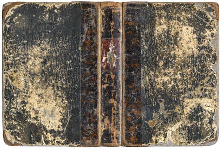Old open book cover with worn cracked leather spine and grunge paper boards (circa 1862), isolated on white, perfect in detailの写真素材