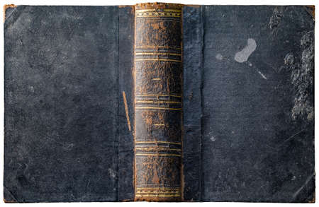 Old open book cover with worn textured grungy paper boards and wax drips, cracked embossed brown leather spine and abstract golden geometric decorations - circa 1898 - isolated on whiteの写真素材