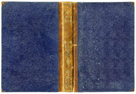 Old open book cover with leather spine, golden floral ornaments and unusual abstract embossed pattern on paper (circa 1850), isolated on white - perfect in detail!の写真素材