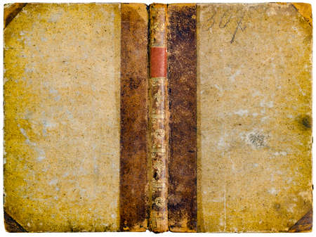 Old open book cover - worn scratched textured natural paper, brown leather spine, golden abstract ornaments and empty red label - circa 1810 - isolated on whiteの写真素材