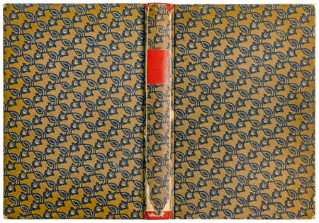 Vintage open book cover with floral pattern and empty label on damaged spine - circa 1909の写真素材