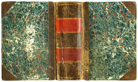 Old open book cover with leather spine - circa 1825 - isolated on white - XL sizeの写真素材