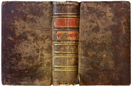 Old open book - leather cover - circa 1750 - isolated on whiteの写真素材