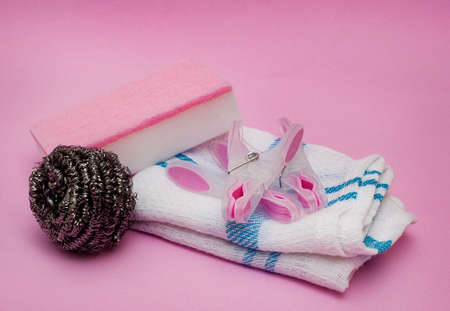 Colorful flat lay images of household cleaning products