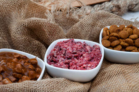 Selection of dogfood options, raw pets mince, chunks in gravy and dry kibbles