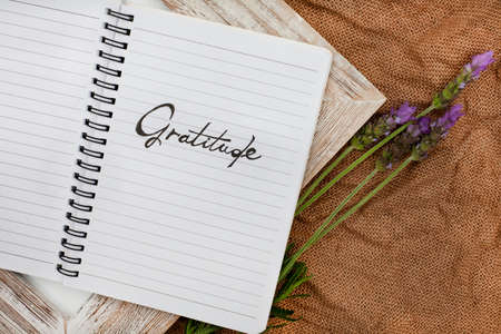 Notebook with the word Gratitude written on it. Placed on a rustic surfaceの写真素材