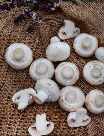 Raw White button mushrooms on rustic styled table surfaceの写真素材