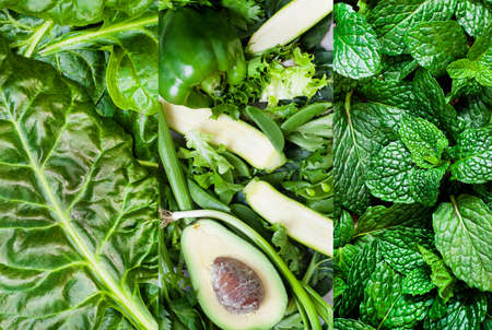 collage of green vegetables and fresh mintの写真素材