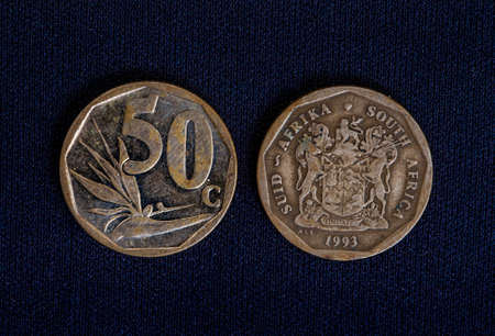 South African 20 cent coin on blackの写真素材
