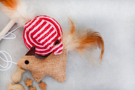 Cat toys and treats on mottled grey with ample copy space