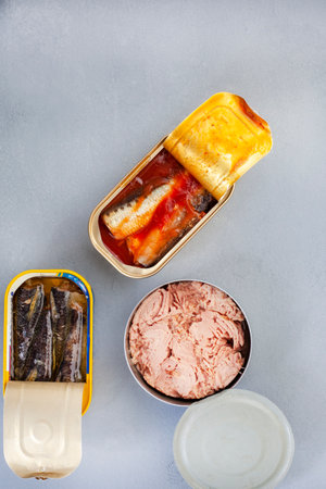 Canned fish, sardines and tuna on grey with copy spaceの写真素材