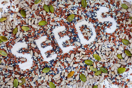 Word SEEDS made of seeds and grains on a white background.の写真素材