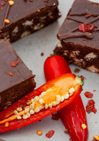 chocolate brownie with chili peppers on a white background closeupの写真素材