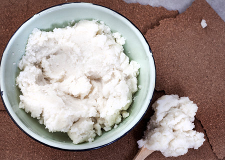 Traditional South African staple, pap or maize meal. Plain in an enamelware bowl. An only meal in time of poverty.の写真素材