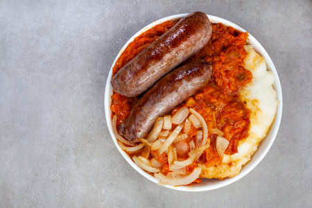 Traditional South African Pap and Wors, sausage with popular maize meal staple covered with Chakalaka or relish on mottled gray with copy spaceの写真素材