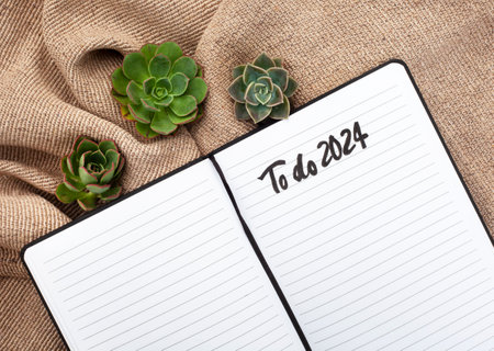 Notebook with to do 2024 handwritten on rustic surface with 
 succulents