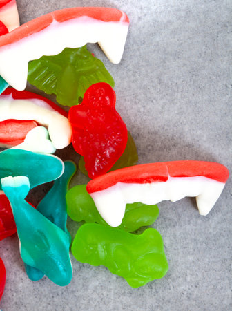Assorted gummy candies. Top view with copy space.