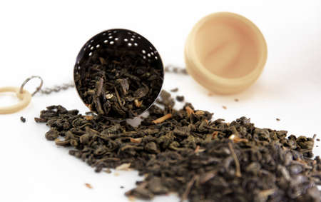 green tea spilled from the mesh on a white background