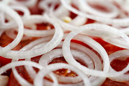 texture onion rings on tomatoesの写真素材