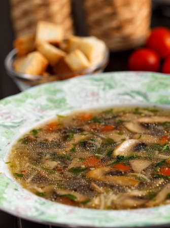 mushroom soup made from champignons with croutonsの写真素材