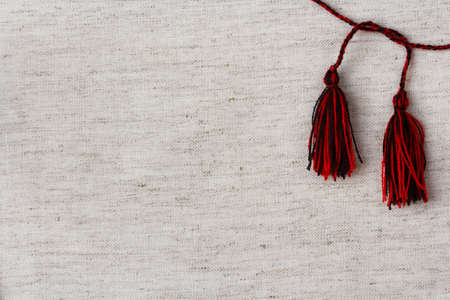 natural linen fabric with tassels, textureの写真素材